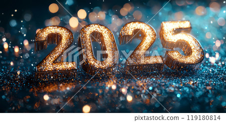 New Year 2025 shine with sparkling lights, background glow. New Year 2025 shine with sparkling lights, background glow. 119180814