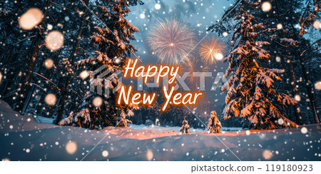 Snowy pine trees under a sky filled with fireworks and glowing Happy New Year. 119180923