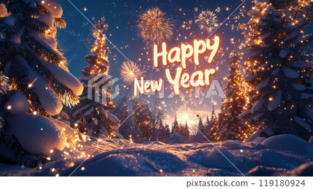 Snowy pine trees under a sky filled with fireworks and glowing Happy New Year. 119180924