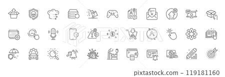 Smartphone protection, Technical documentation and Warning line icons. Pack of Car service, Shopping, Touchpoint icon. Target purpose, Wallet, Online shopping pictogram. Edit statistics. Vector 119181160