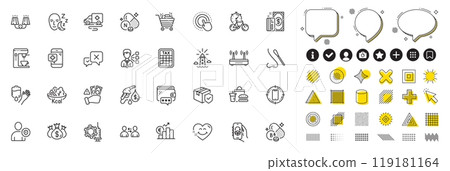Set of Bike timer, Wifi and Ambulance transport line icons for web app. Design elements, Social media icons. Click hand, Coronavirus vaccine, Security icons. Reject, Blood, Lighthouse signs. Vector 119181164