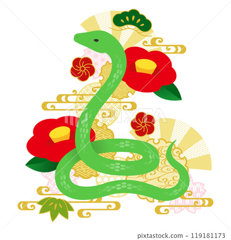 Illustration of a green snake and Japanese style ornaments Illustration of a green snake and Japanese style ornaments 119181173