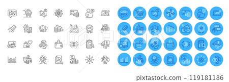 Statistics timer, Column chart and Sales diagram line icons pack. Versatile, Accounting report, Bitcoin system web icon. Grocery basket, Fraud, Wallet pictogram. Card, Candlestick chart. Vector 119181186