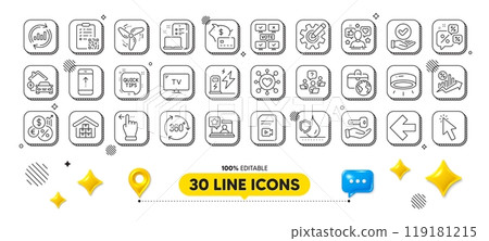 Update data, Approved checkbox and Tv line icons pack. 3d design elements. Wholesale goods, Global business, Cogwheel web icon. Quick tips, Buying house, Online voting pictogram. Vector 119181215