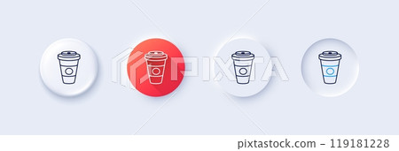 Takeaway Coffee or Tea line icon. Neumorphic, Red gradient, 3d pin buttons. Hot drink sign. Beverage symbol. Line icons. Neumorphic buttons with outline signs. Vector Takeaway Coffee or Tea line icon. Neumorphic, Red gradient, 3d pin buttons. Hot drink sign. Beverage symbol. Line icons. Neumorphic buttons with outline signs. Vector 119181228