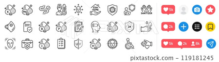 Vaccine report, Vitamin h1 and Volunteer line icons pack. Social media icons. Vitamin k, Coronavirus, Shield web icon. Insurance policy, Digestion, Boron mineral pictogram. Vector Vaccine report, Vitamin h1 and Volunteer line icons pack. Social media icons. Vitamin k, Coronavirus, Shield web icon. Insurance policy, Digestion, Boron mineral pictogram. Vector 119181245