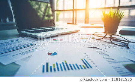 Workplace with Laptop and Financial Documents 119181530