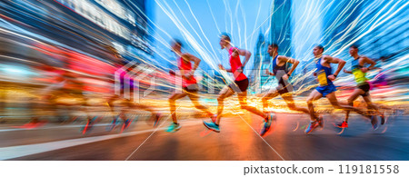Dynamic Marathon Runners in Urban Setting at Dusk Dynamic Marathon Runners in Urban Setting at Dusk 119181558