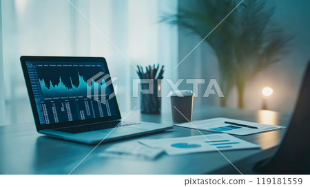Modern Workspace with Laptop and Data Charts Modern Workspace with Laptop and Data Charts 119181559