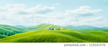 Serene Landscape with Rolling Green Hills and House 119181570