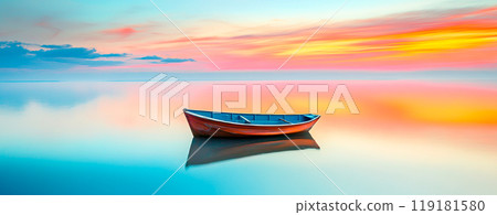 Tranquil Boat on Serene Water at Sunset 119181580