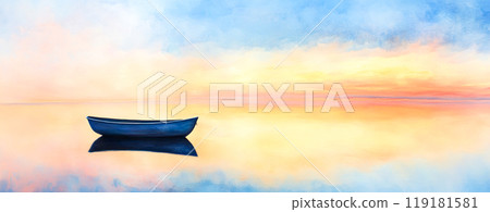 Serene Lake with Tranquil Boat at Sunset 119181581