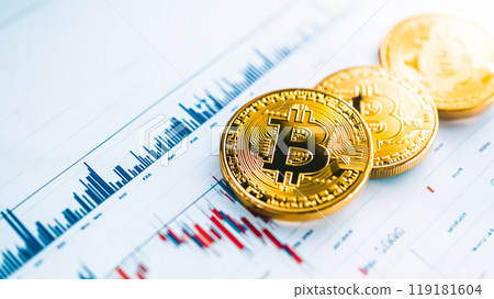 Bitcoin Coins on Stock Market Chart Background Bitcoin Coins on Stock Market Chart Background 119181604