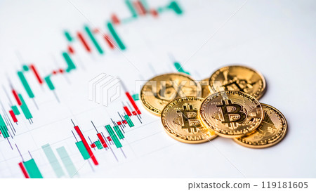 Bitcoin Coins on Financial Chart Background Bitcoin Coins on Financial Chart Background 119181605