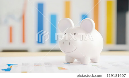 Cute Piggy Bank with Financial Charts in Background Cute Piggy Bank with Financial Charts in Background 119181607