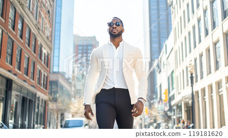 Stylish Man Walking in Urban Street Scene 119181620