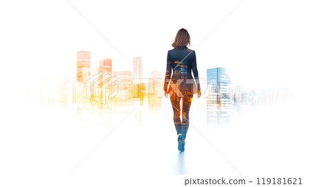 Businesswoman Walking in Modern Cityscape Background Businesswoman Walking in Modern Cityscape Background 119181621
