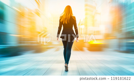 Businesswoman Walking in Urban Setting at Sunset 119181622