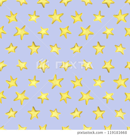 Yellow stars sewn from fabric with thread stitches. Watercolor illustration, hand drawn. Seamless pattern on a lilac background. 119181668