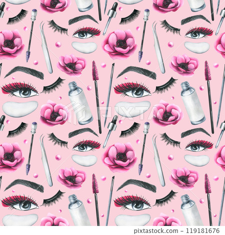 Cosmetics and brushes for eyes and eyebrows, tubes with pink anemone flowers. Watercolor illustration hand drawn. Seamless pattern on a pink background. For eyelash extension and lamination Cosmetics and brushes for eyes and eyebrows, tubes with pink anemone flowers. Watercolor illustration hand drawn. Seamless pattern on a pink background. For eyelash extension and lamination 119181676