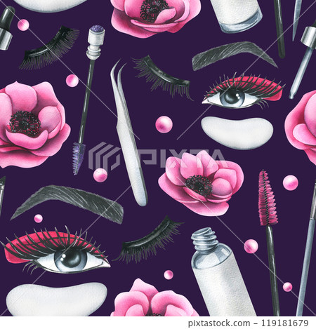 Cosmetics and brushes for eyes and eyebrows, tubes with pink anemone flowers. Watercolor illustration hand drawn. Seamless pattern on a dark purple background. For eyelash extension and lamination Cosmetics and brushes for eyes and eyebrows, tubes with pink anemone flowers. Watercolor illustration hand drawn. Seamless pattern on a dark purple background. For eyelash extension and lamination 119181679