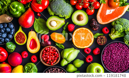 Colorful Arrangement of Healthy Plant-Based Ingredients Colorful Arrangement of Healthy Plant-Based Ingredients 119181748