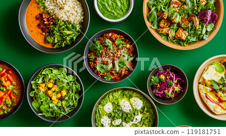 Healthy Plant-Based Meals Arrangement on Green Surface 119181751
