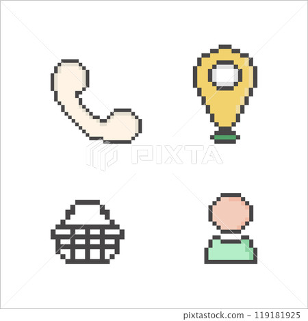 icons in pixel art style, icons in retro style, squares, telephone receiver, label, basket, man icons in pixel art style, icons in retro style, squares, telephone receiver, label, basket, man 119181925