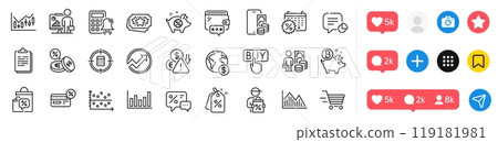 Financial diagram, Discount tags and Calculator alarm line icons pack. Social media icons. Cashback, Global business, Wallet web icon. Audit, Calculator target, Piggy sale pictogram. Statistic. Vector Financial diagram, Discount tags and Calculator alarm line icons pack. Social media icons. Cashback, Global business, Wallet web icon. Audit, Calculator target, Piggy sale pictogram. Statistic. Vector 119181981