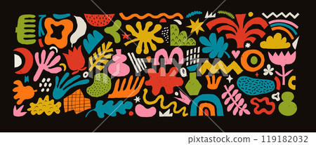 Abstract set of various shapes, figures and freeform blobs, hand drawn colorful crayon illustration. Abstract contemporary modern vector illustration in color crayon pencil style on dark. Abstract set of various shapes, figures and freeform blobs, hand drawn colorful crayon illustration. Abstract contemporary modern vector illustration in color crayon pencil style on dark. 119182032