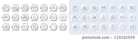 Video conference, Cognac bottle and Favorite chat line icons. White pin 3d buttons, chat bubbles icons. Pack of Vegetables, Cyber attack, Puzzle icon. Sale, Typewriter, Hold t-shirt pictogram. Vector 119182059