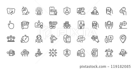 Loan, Biometric security and Global business line icons pack. AI, Question and Answer, Map pin icons. Employee hand, Security, Woman love web icon. Vector 119182085
