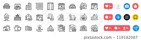 Sports stadium, Lighthouse and Skyscraper buildings line icons pack. Social media icons. Open door, Square area, Market sale web icon. Night city, Lease contract, Floor plan pictogram. Vector Sports stadium, Lighthouse and Skyscraper buildings line icons pack. Social media icons. Open door, Square area, Market sale web icon. Night city, Lease contract, Floor plan pictogram. Vector 119182087