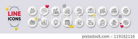 Packing boxes, Return package and Lighthouse line icons. White buttons 3d icons. Pack of Charging station, Fuel price, Connecting flight icon. Destination flag, Air balloon, Gps pictogram. Vector Packing boxes, Return package and Lighthouse line icons. White buttons 3d icons. Pack of Charging station, Fuel price, Connecting flight icon. Destination flag, Air balloon, Gps pictogram. Vector 119182116