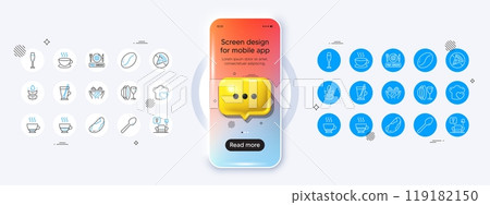 Phone mockup with 3d chat icon. Espresso, Love cooking and Pre-order food line icons. Pack of Gluten free, Coffee, Doppio icon. Spoon, Brazil nut, Cappuccino pictogram. Vector Phone mockup with 3d chat icon. Espresso, Love cooking and Pre-order food line icons. Pack of Gluten free, Coffee, Doppio icon. Spoon, Brazil nut, Cappuccino pictogram. Vector 119182150