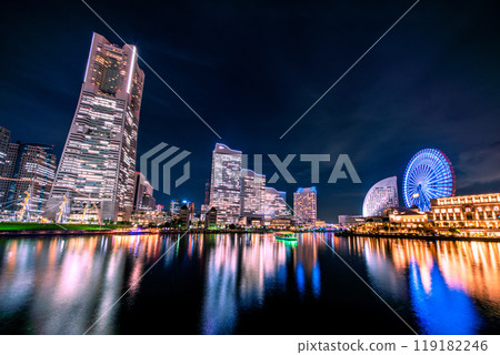 Yokohama cityscape in Japan in October. View of Yokohama Landmark Tower, houseboats, and the Minato Mirai area on the 11th 119182246