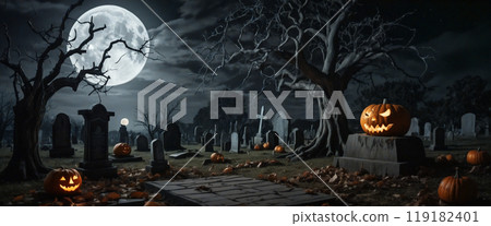 Spooky halloween night showing carved pumpkins illuminating graveyard under full moon 119182401
