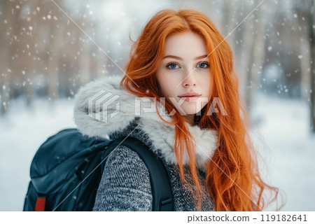 Winter portrait of a redhead woman in snowfall 119182641