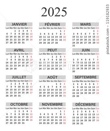 Classic vertical calendar 2025 in French. Days, weeks and months for planning. Print, vector 119182933