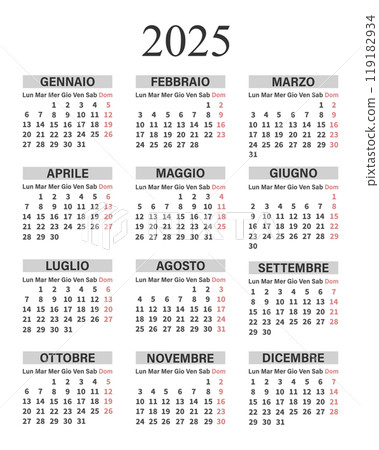 Classic vertical calendar 2025 in Italian. Days, weeks and months for planning. Print, vector Classic vertical calendar 2025 in Italian. Days, weeks and months for planning. Print, vector 119182934