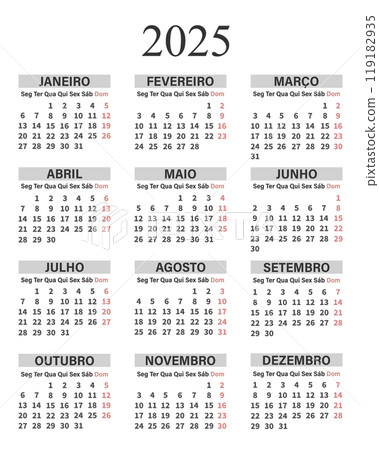 Classic vertical calendar 2025 in Portuguese. Days, weeks and months for planning. Print, vector 119182935