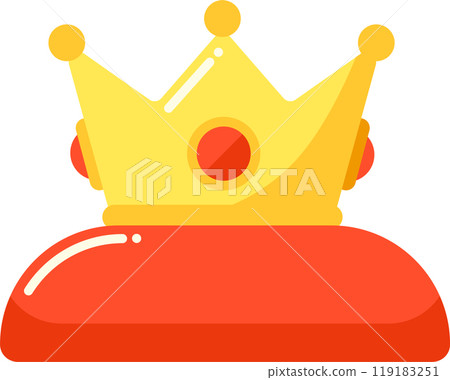 A colorful crown resting on a plush red cushion, showcasing its royal design and vivid details in a vibrant context 119183251