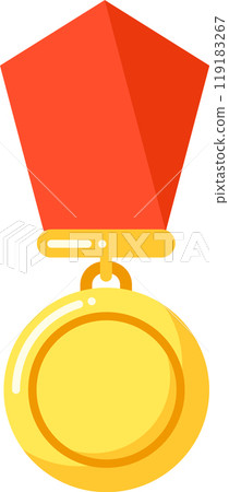 A golden medal with a red ribbon symbolizing achievement and success in various competitions A golden medal with a red ribbon symbolizing achievement and success in various competitions 119183267