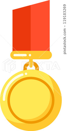 Golden medal with red ribbon symbolizing achievement and success in competitions Golden medal with red ribbon symbolizing achievement and success in competitions 119183269