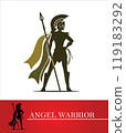 silhouette of brave warrior queen with cape, armor, spear and lasso 119183292