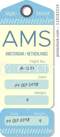 Baggage tag from Amsterdam flight showing details like flight number and date for easy identification and handling 119183314