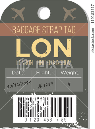 Baggage strap tag from London, United Kingdom showing flight details and travel information for a trip in October 2018 119183317
