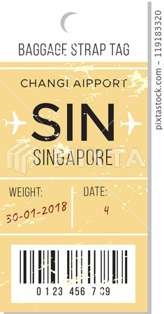 Baggage strap tag from Changi Airport in Singapore dated January 30, 2018, showing flight details and weight information 119183320