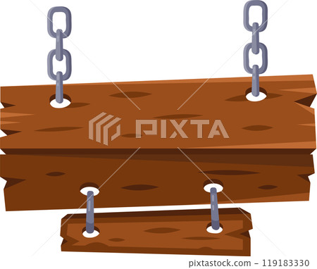 Wooden signboard hanging from chains in a rustic setting perfect for outdoor directions or business signage 119183330