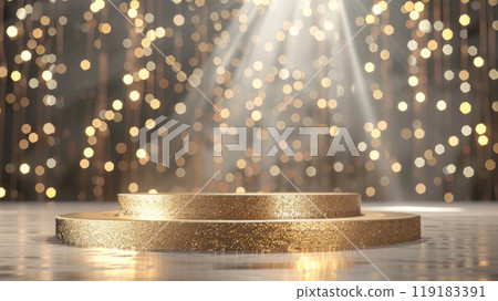A shining gold podium with a bright spotlight illuminating it. AI-generated content. 119183391
